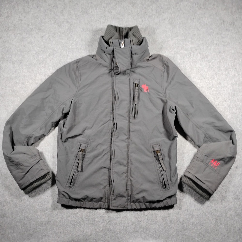 Abercrombie & Fitch Mens Gray Full Zip Puffer Jacket Embroidered Moose Size S